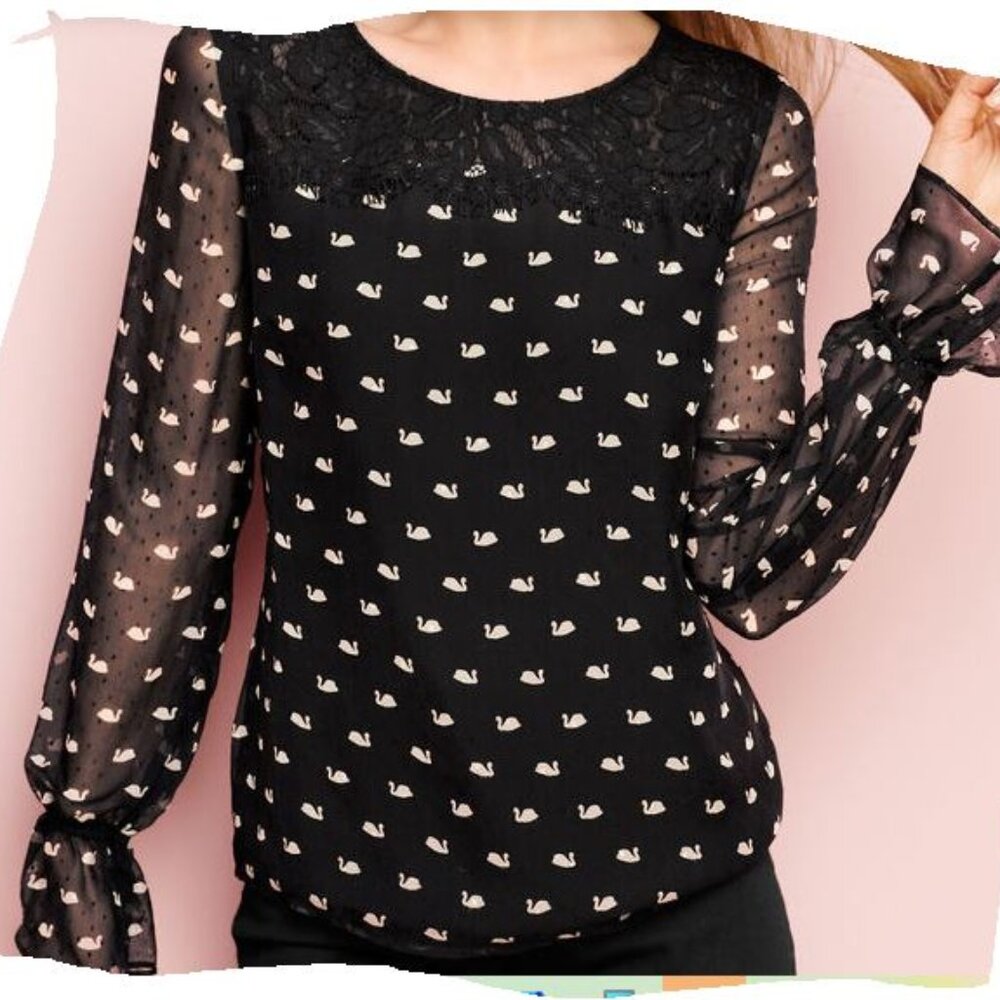 RSVP Talbots Fancy Swans Print Long Sleeves Blouse Size XL Black - Picture 2 of 9